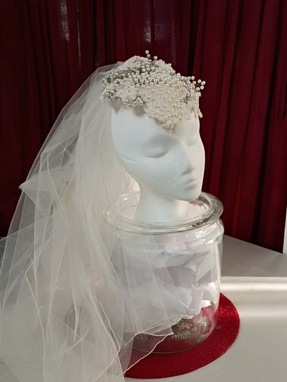 Vintage Ivory Pearl Lace Bridal Veil with Beaded Headpiece